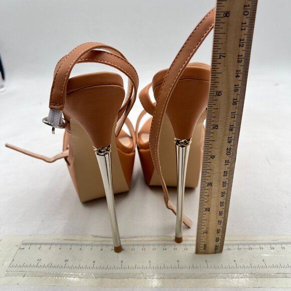 FSJ Nude Sexy Strappy Open Toe Platform Sandals Ankle Strap Metallic Heel Shoes - Picture 5 of 8